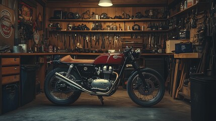 Red motorcycle in a rustic workshop setting.