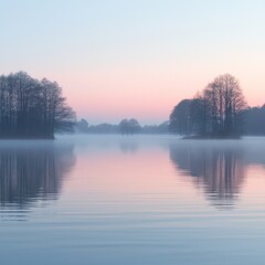 Fototapeta premium Misty lake sunrise. Calm water reflects soft pastel sky