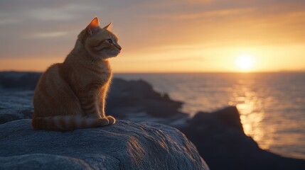 Contemplative feline silhouetted against serene twilight horizon with ocean waves and coastal rocks bathed in warm sunset glow embodying peaceful solitude