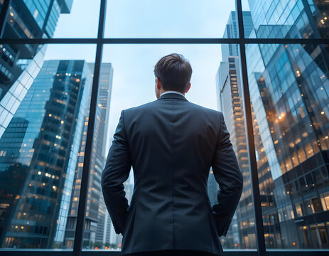 Back view of a businessman looking out the window at a towering city building landscape.