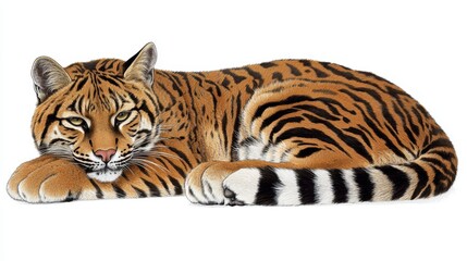 Obraz premium Graceful tiger resting with orange fur and black stripes in a relaxed pose creating an image conveying serenity and wildness with isolated background