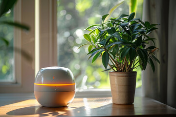 SWEET   sleek and innovative smart hub device seamlessly blends in with surrounding decor, positioned elegantly next to sweet   vibrant and thriving pot plant    