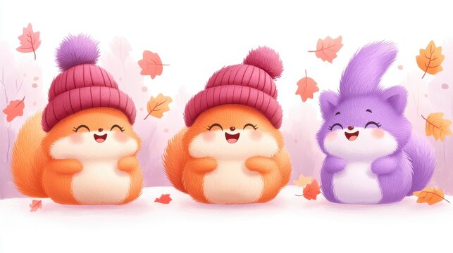 Whimsical Autumnal Friends Charming Cartoon Squirrels in Knitted Hats amid Falling Leaves Season's Greetings Delightful Illustration 116 characters