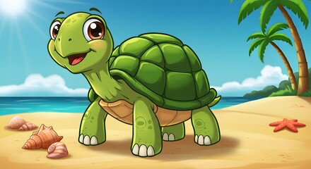 Obraz premium Charming turtle explores sandy beach under bright sun near palm trees and seashells Generative AI