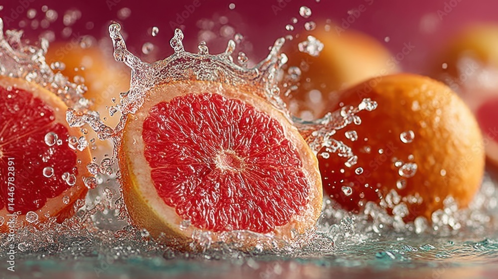 Poster close-up of a grapefruit with splashing water for fresh and juicy concept