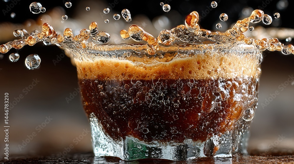 Poster Close-up of a refreshing drink splashing in a glass with bubbles and foam
