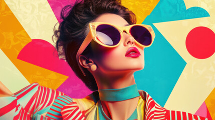 A vibrant 80s pop collage, a retro summer travel poster come to life. A striking fashion model, sporting oversized sunglasses and a bold outfit, commands attention against a dynamic pattern. 