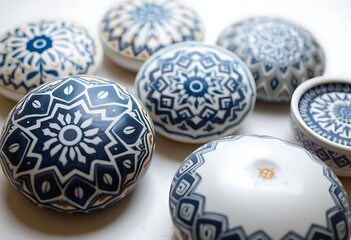 group of blue and white bowls sitting on top of a table