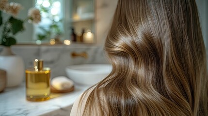 Healthy, lustrous, light brown hair in a luxurious bathroom setting.