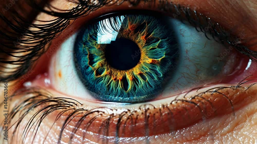 Poster close-up video shot of a vibrant blue eye with intricate iris patterns, capturing detailed textures 