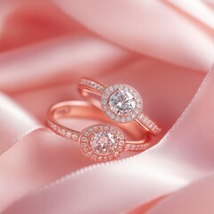 Elegant diamond rings on soft pink fabric