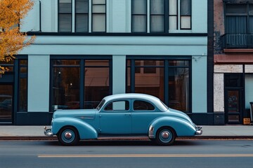 Blue nostalgic automobile parked beside modern buildings