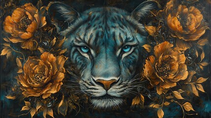 Mystical black panther portrait surrounded by blossoming golden roses evoking an atmosphere of enigmatic grace and natural beauty in rich detail