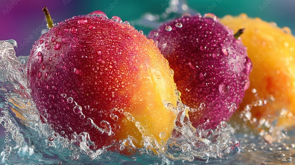 Aufkleber close-up of colorful mangoes with water droplets creating a refreshing splash