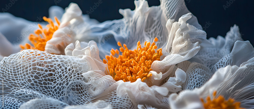 Poster an intricate macro shot of a unique flower. its delicate petals and stamens create a captivating dis