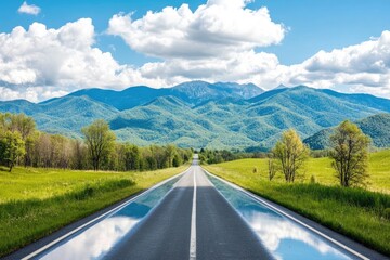 Scenic highway through lush valley, mountains in background