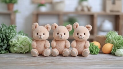 Obraz premium Handmade knitted teddy bears amidst fresh greens and fruits create a charming and wholesome scene perfect for children's themes and healthy eating campaigns