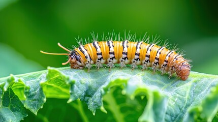 Fototapeta premium Colorful Caterpillar on Green Leaf Surrounded by Nature's Beauty