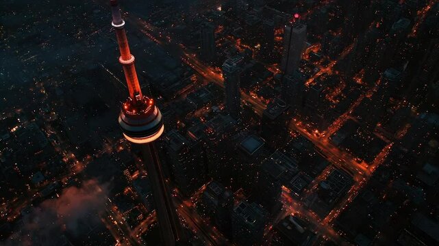 Night city skyline with tall tower.  Dense urban landscape at dawn, illuminated by street lights and glowing windows.  A prominent, tall tower dominates the scene, rising above the cityscape