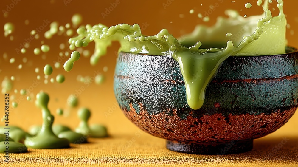 Poster close-up of matcha tea splash in a rustic bowl with vibrant yellow backdrop