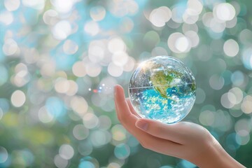 A delicate hand holds a floating iridescent bubble, capturing a spectrum of colors against a blurred natural background.