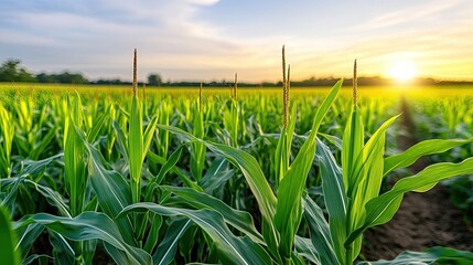 Fototapeta premium Lush Green Cornfield at Sunset with Golden Light and Clear Sky