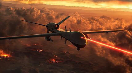 Military drone in flight, targeting a fiery landscape.