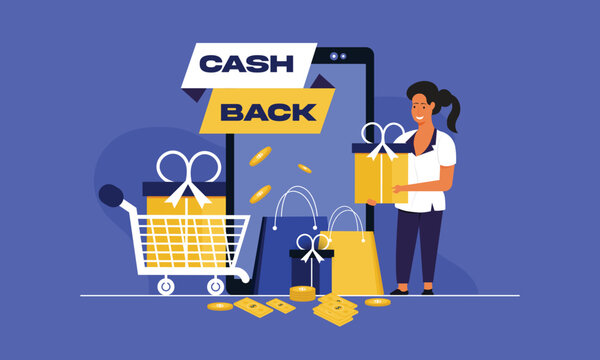 Mobile cashback service concept. Cash back app services. Girl with smartphone receiving cashback.
