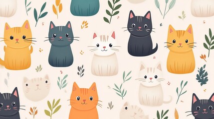 Charming Pattern Featuring Playful Cats Surrounded by Lush Green Plants Creating a Whimsical Atmosphere