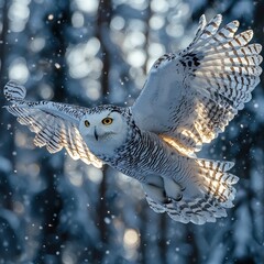 Snowy owl in flight, winter wonderland