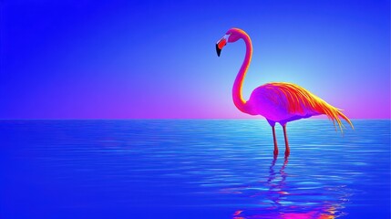 Fototapeta premium Vivid flamingo portrait in serene aquatic setting blending bold pink and orange hues against a calming indigo and lavender backdrop illustration