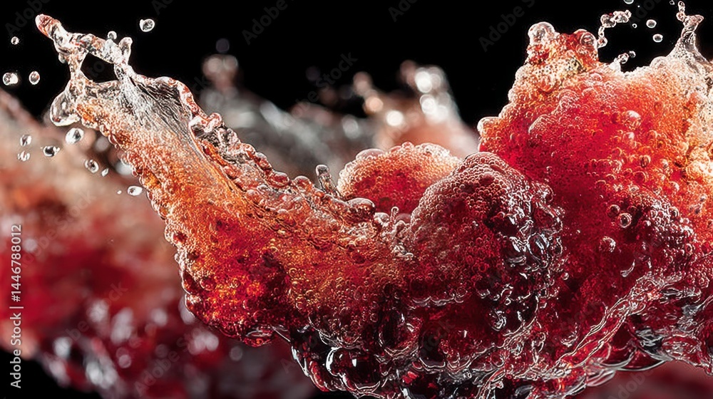 Poster close-up of splashing dark red liquid with bubbles against a black background