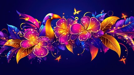 Obraz premium Exotic botanical arrangement of stylized bird, hibiscus flowers, and butterfly creating a unique fantasy design concept with vibrant vivid colors