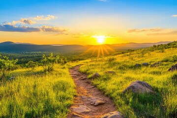 Obraz premium Scenic sunset vista, trail through grassy hill