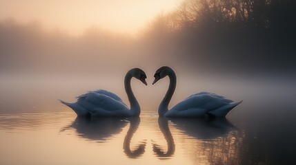 Fototapeta premium Two swans in a heart shape formation on a lake during sunrise