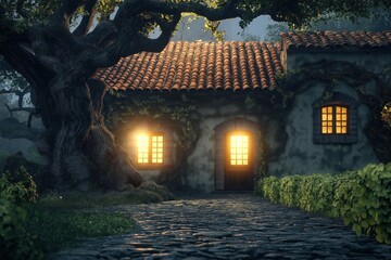 Fototapeta premium Mysterious Rustic Cottage with Glowing Windows and Tree at Night - Fantasy