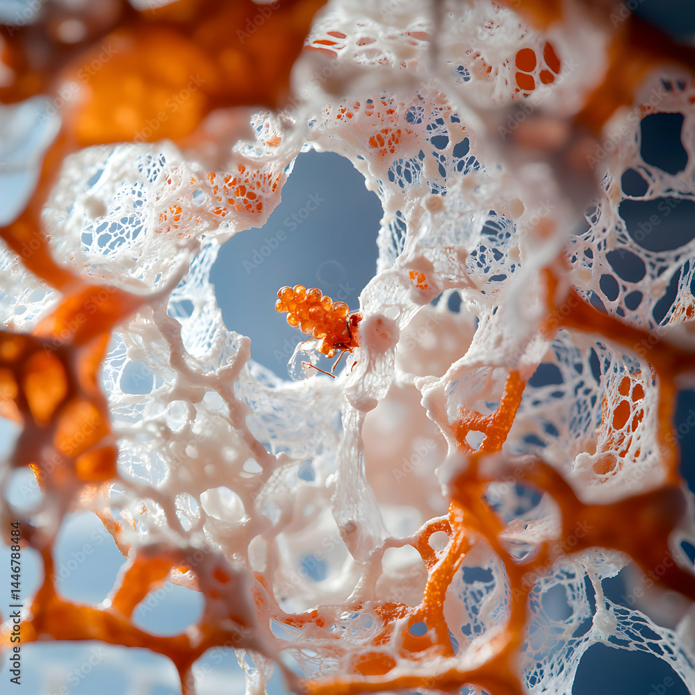 Poster an abstract macro photograph featuring delicate lace-like structures in white and orange. intriguing
