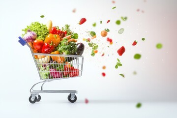 Groceries levitating above a cart with magical sparkles, dreamy but photorealistic style, white studio background emphasizing fresh colors."