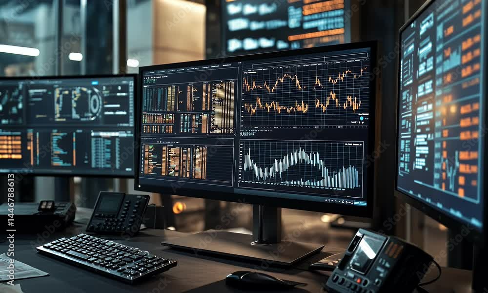 Poster a modern, purple trading station with multiple monitors displaying stock charts and graphs, set agai
