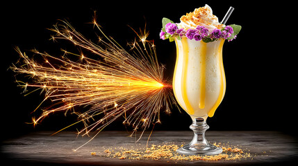 milkshake with shifting color bubbles, dripping surreal sauce, and spark trails