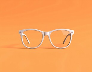 White eyeglasses with clear lenses are displayed against a bright orange background.