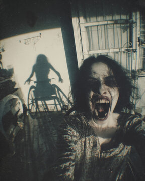 horror, creepy woman with a ruined face without eyes screaming, wheelchair, shadows, apartment