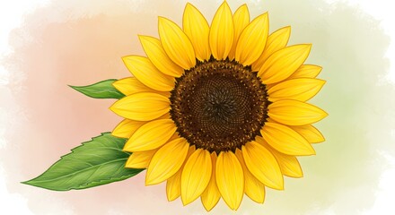 Obraz premium Bright sunflower with vibrant yellow petals and rich brown center on a soft pastel background Generative AI
