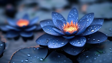 Two dark blue lotus flowers, vibrant, serene