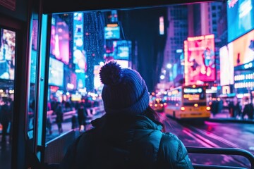 Naklejka premium Bright city lights seen from night bus window
