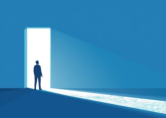 A businessman stands at an open door, embodying the surreal blend of opportunity and freedom in a vibrant world.