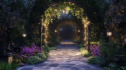 Enchanting garden pathway with illuminated arches and vibrant flowers at twilight