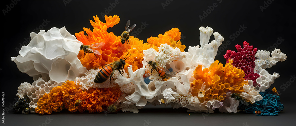 Poster a colorful artistic display featuring bees and honeycomb structures with abstract shapes and vibrant