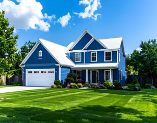 Dreamy blue house, lush green lawn, sunny day. Perfect family home.