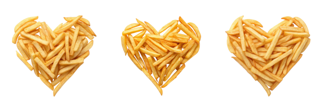 Three heart shapes made from golden french fries against a white background transparent background - Powered by Adobe